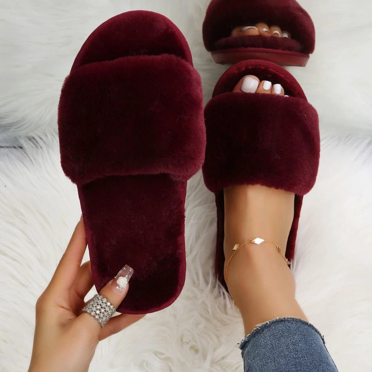 Fluffy Women's Indoor Lazy Plush Slippers Flat Cotton Slippers