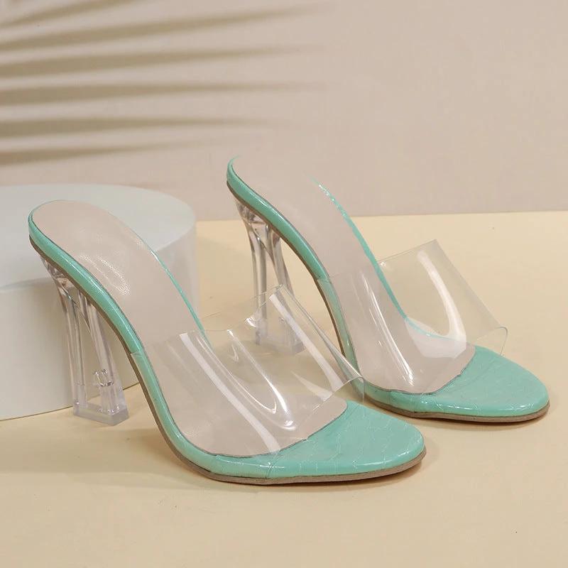 Transparent Mid-heel Crystal Toe High Heel Slippers