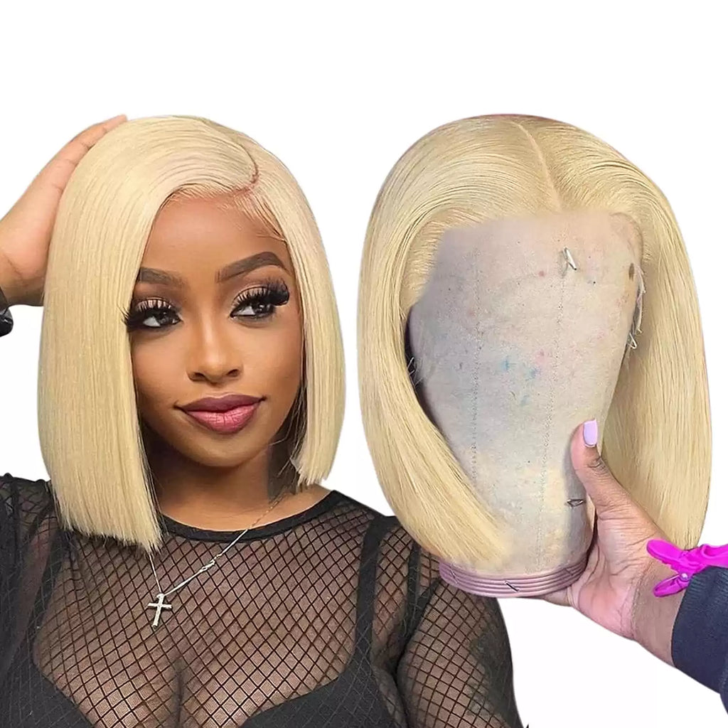 613 Blonde Bob Lace Front Wig - Brazilian Remy Human Hair, HD Transparent Lace, Pre-Plucked, Brown Roots
